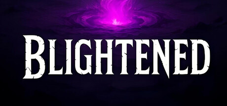 Blightened key art: the title over a purple rupture in a dark sky